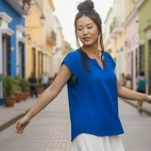 NWT SilkLand Royal Blue Pure SILK Split Neck Cap Sleeve Pullover Blouse Medium